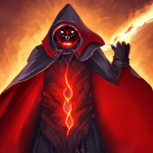 Prompt: cat Berserker, red glowing eyes, in magic armor, wearing red hoodie and torn cape, magic gathered in his chest, fire in background, D&D, fantasy, cinematic