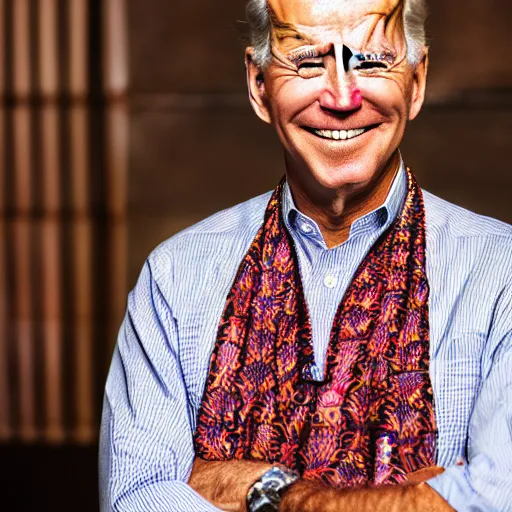 Image similar to A Photo Portrait of Joe Biden Wearing Indonesian Batik Tulis at a fancy Balinese restaurant, award winning photography, sigma 85mm Lens F/1.4, blurred background, perfect faces