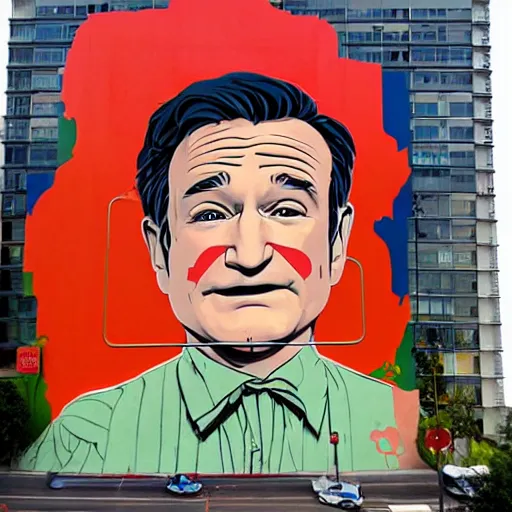 Image similar to robin williams x disney street art mural by sachin teng x supreme : 1 high contrast, hard edges, matte painting, geometric shapes, disney, masterpiece : 1