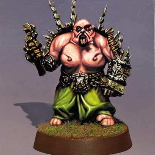 Image similar to chaos dwarf smith in the style of warhammer fantasy : : head and torso oil painting