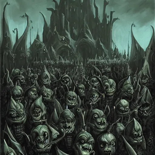 Image similar to goblin army, gothic art, subdued color, detailed, eerie, emotional, gothic, sad, highly detailed, very sharp focus, Artstation, deviantart, artgem, insane detail, intense black line art, precision detail, golden ratio, in the style of Heavy Metal Comics