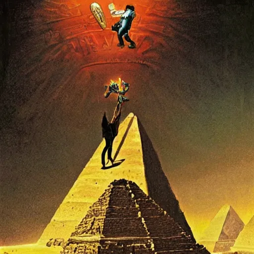 Image similar to joe rogan, king of the pharaohs, fends off aliens atop the pyramid of giza as a war of the world style invasion is happening. masterpiece illustration by albert bierstadt and billy butcher. h 6 4 0