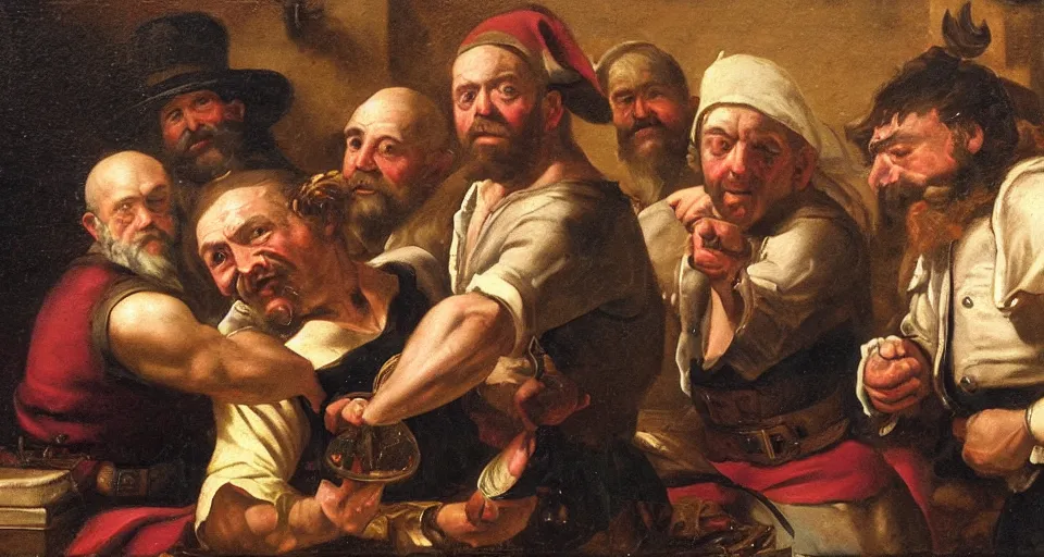 Prompt: Baroque painting of a dwarf armwrestling an elf in front of drunken onlookers at a tavern.