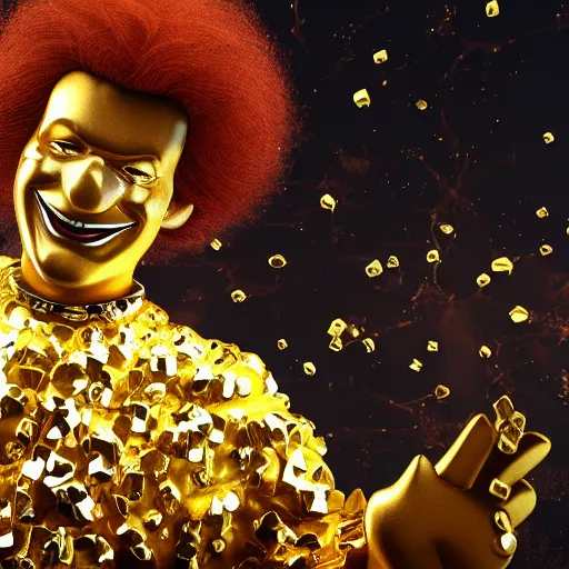 Image similar to A still of Ronald McDonald surrounded by gold and diamonds, Award-winning, photograph, 3d render, unreal engine, 4k detailed