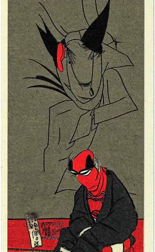 Prompt: by akio watanabe, manga art, a man masked as tengu sitting, very long nose, abandoned japaense village, trading card front