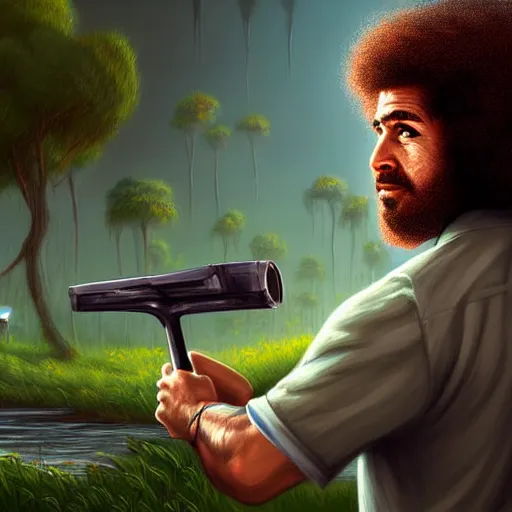 Image similar to expert, deviantart, therookies, by raad, by vitorugo, by mateus 9 5, realistic background, highly detailed, concept art, smooth, sharp focus, illustration of cyborg bob ross