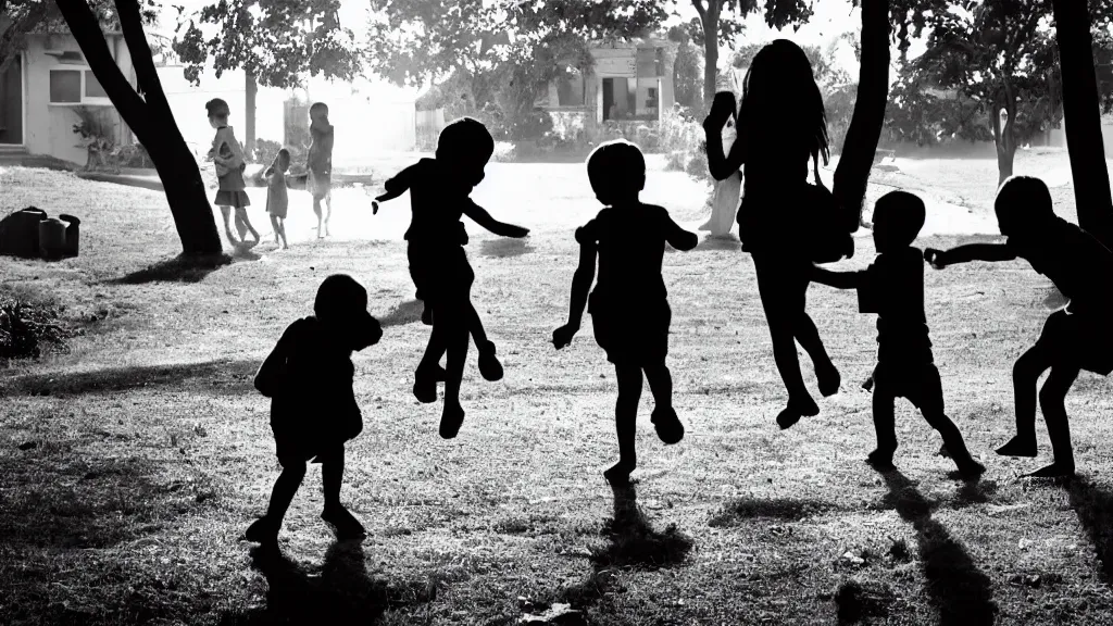 Prompt: children playing near a house. silhouette.