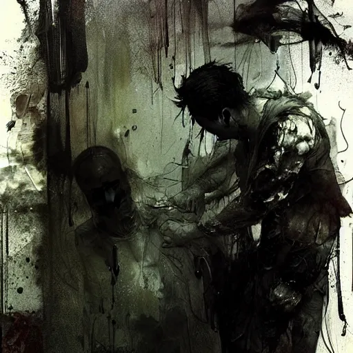 Image similar to a man stealing energy from another man by emil melmoth zdzislaw belsinki craig mullins yoji shinkawa realistic render ominous detailed photo atmospheric by jeremy mann francis bacon and agnes cecile ink drips paint smears digital glitches glitchart