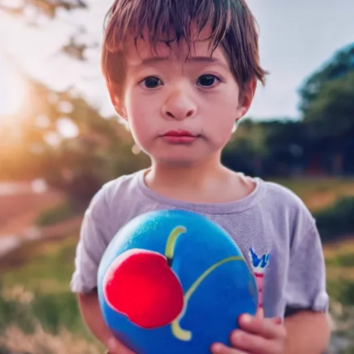 Prompt: close - up of a tiny boy standing on a plate and carrying a beachball - sized cherry in his arms, ultra realistic, highly detailed, sharp focus, cinematic lighting, mood lighting, realistic, vivid colors, photorealistic, digital art