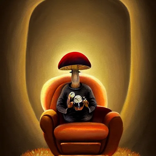 Image similar to painting of a mushroom alien sitting in a recliner by the fire smoking a pipe and wearing a soft robe and slippers, symmetrical, elegant intricate digital painting, trending on artstation, by normal rockwell