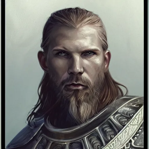 Image similar to portrait of solemn, ice-pale undead viking warrior with black veins and brutalist plate armor with art deco knotwork, elegant, intricate, head and upper body portrait, D&D, fantasy, highly detailed, digital painting, artstation, concept art, sharp focus, illustration, art by artgerm and brom and greg rutkowski and alphonse mucha