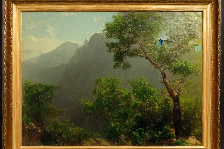 Prompt: Albert Bierstadt painting of a toucan in the mountains, 1900s oil painting