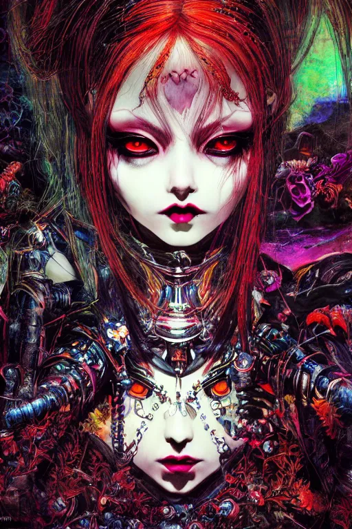 Prompt: Gothic girl face, 60s kitsch and psychedelia, dark background. digital art. amazing quality. perfect lighting. Professional design. Great composition. by Ayami Kojima and Tomoyuki Yamasaki and Tsutomu Nihei, octane render, award winning art. impressive colors. trending on artstation. James Ensor style