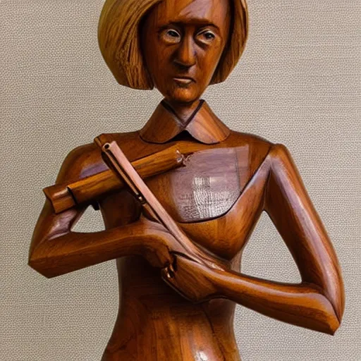Prompt: wooden sculpture of a thin blonde lady holding a gun, polished maple, thoughtful, elegant, real