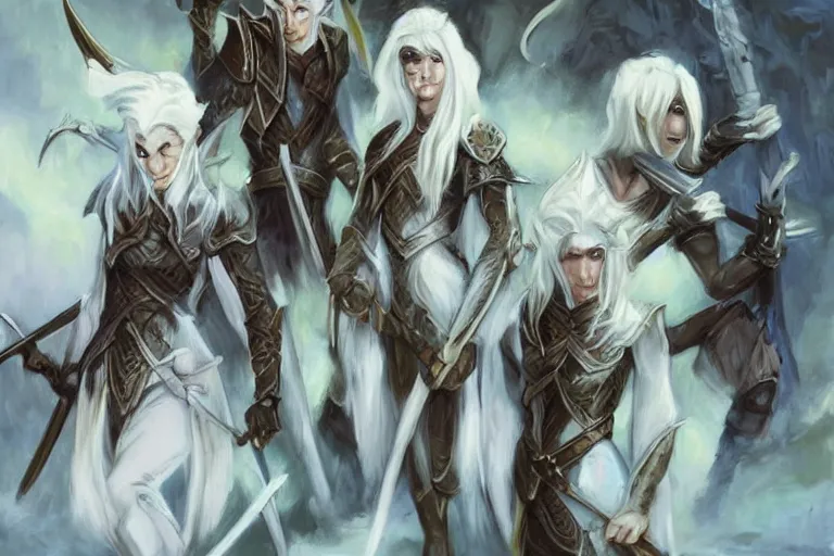 Image similar to dungeons and dragons fantasy painting of elven soldiers, white hair, determined expressions, anime inspired