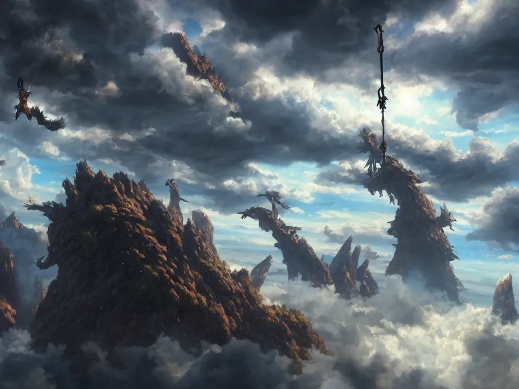 Image similar to great big giants swinging the weapons to the drop of a clouds from sky. fantasy, highlight scene of the movie, high quality, highly detailed 8 k, unreal engine 5, scene of myth, art by hiroaki samura and jiro matsumoto and yao wang from artstation