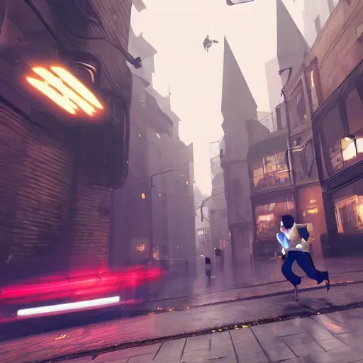 Prompt: harry potter hovering on his magic nimbus through cyberpunk street, raining cheese, photorealistic, cinematic lighting