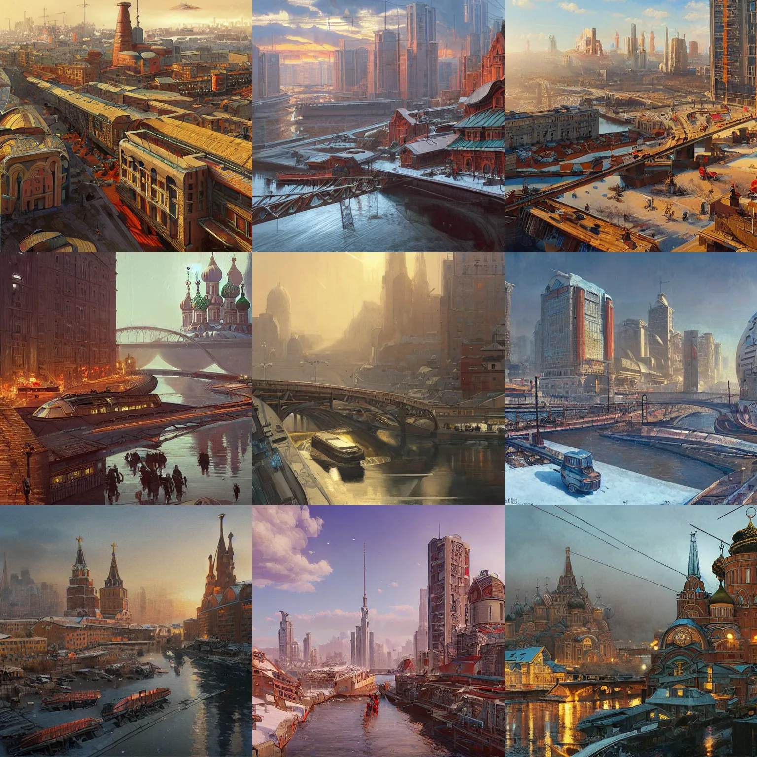 Prompt: russian city of the future, socialist realism, view from the eyes, soviet cyberpunk, wooden architecture, greek style, river, many people, holiday, winter, highly detailed, digital painting, artstation, concept art, matte, sharp focus, illustration, art by artgerm and greg rutkowski and alphonse mucha