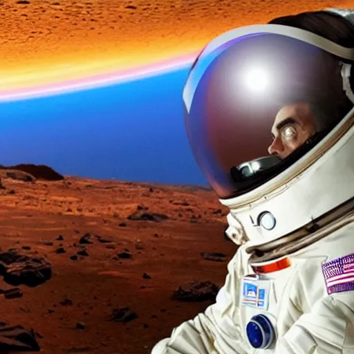 Image similar to perfect photo of carl sagan looking through visor of spacesuit, mars rover in background, detailed face