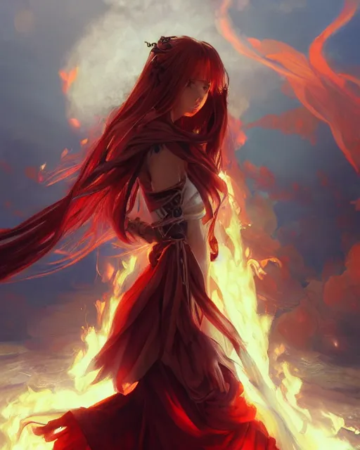 Image similar to red eyed beautiful long haired anime girl, fire dress, full body photo, flames everywhere, highly detailed, digital painting, artstation, concept art, smooth, sharp focus, illustration, art by artgerm and greg rutkowski and alphonse mucha