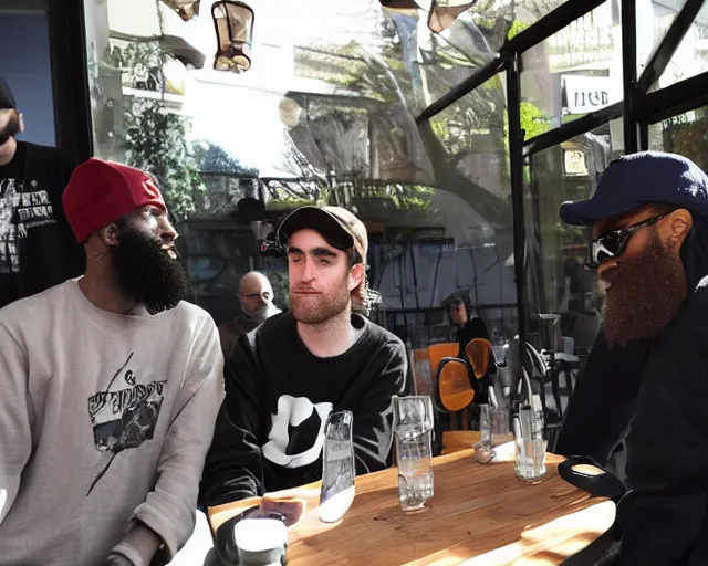 Prompt: Robert Pattinson meeting MC Ride and Zach Hill from Death Grips in a exterior cafe in france, paparazzi photo, wide angle, shot from far away