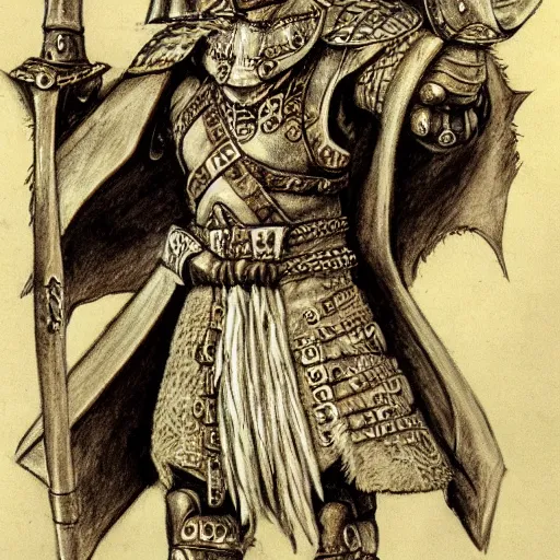 Image similar to a kislev warrior who is wearing iron gauntlets in the shape of bear claws in the style of warhammer fantasy : : head and shoulders drawing