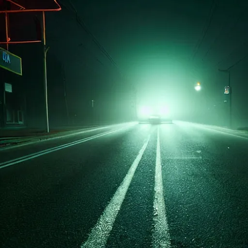 Image similar to A stunningly beautiful award-winning 45 degree down angle 8K high angle cinematic movie photograph of a spooky foggy lightless main intersection in an abandoned 1950s small town at night, by David Fincher and Darius Khonji, cinematic lighting, perfect composition, moody low key volumetric light. Color palette from Seven, greens yellows and reds. 2 point perspective, high angle from 15 feet off the ground. Octane render