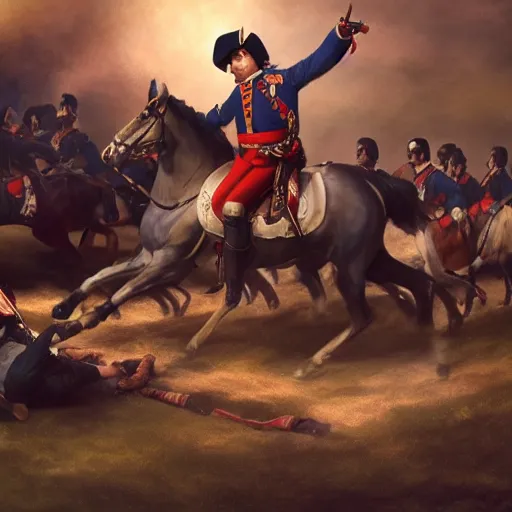 Image similar to gopro footage of napoleon on his horse fighting in waterloo, trending artstation, hyper realistic, very detailed, dramatic scene, realistic lighting, anime, 4 k