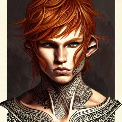 Image similar to portrait painting of an elven young man with short ginger hair and tribal tattoos on his cheeks wearing fur armor, sharp focus, award - winning, trending on artstation, masterpiece, highly detailed, intricate. art by rebecca guay