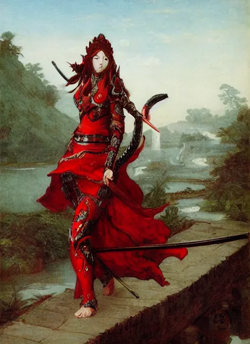 Prompt: woman in dark and red princess dragon armor, she is holding a katana sword, walking on an ancient flooded bridge. by william henry hunt