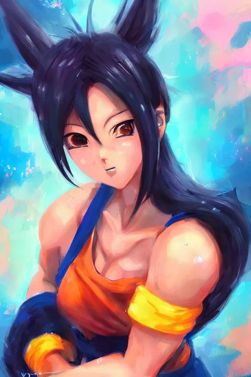Image similar to kawaii female version of goku, painting by WLOP and ross tran
