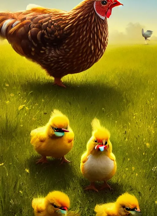 Image similar to a hen and her two cute small yellow chicks on a meadow, mama movie poster by nuri iyem, james gurney, james jean, greg rutkowski, anato finnstark. pixar. hyper detailed, 5 0 mm, award winning photography, perfect faces