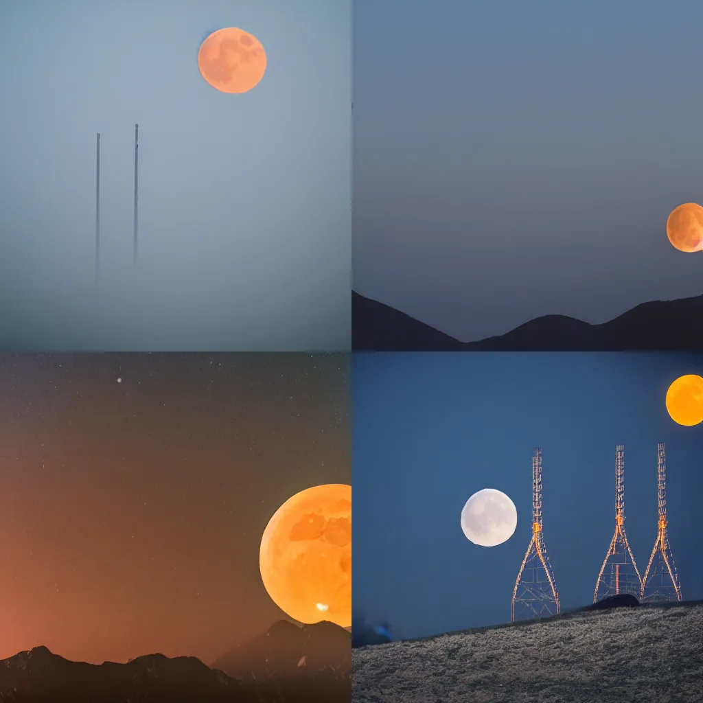 Prompt: Night photography of a misty mountain with a radio tower on top, and a yellow moon directly behind it. Lens compression