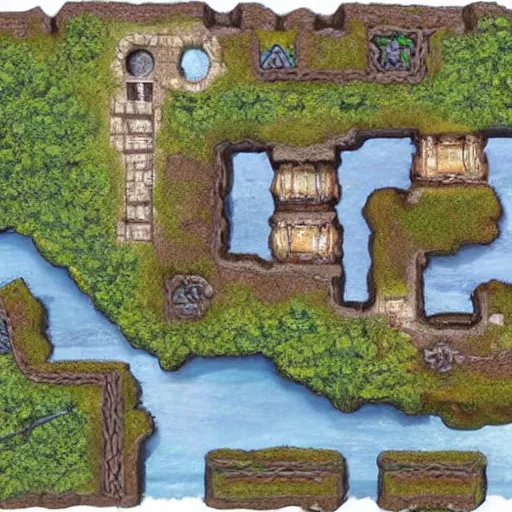 Image similar to top-down birds-eye view of a stone fort sitting above a swamp, detailed, hand-painted, wizards of the coast, top seller popular