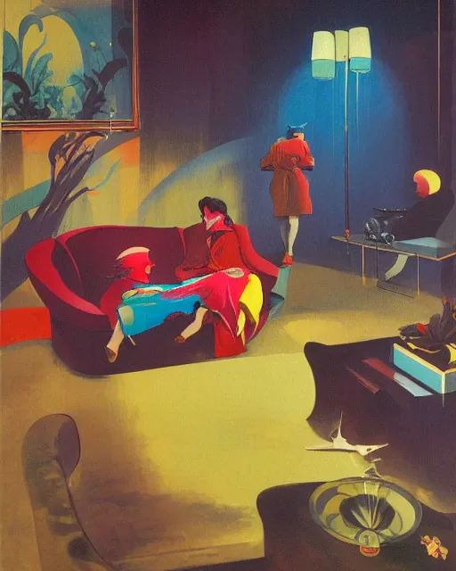 Image similar to old dead couple sitting on a couch and a person inside a large aquarium with clouds at red and yellow art deco interior room in the style of Francis Bacon and Syd Mead, open ceiling, highly detailed, painted by Francis Bacon and Edward Hopper, painted by James Gilleard, surrealism, airbrush, very coherent, triadic color scheme, art by Takato Yamamoto and James Jean