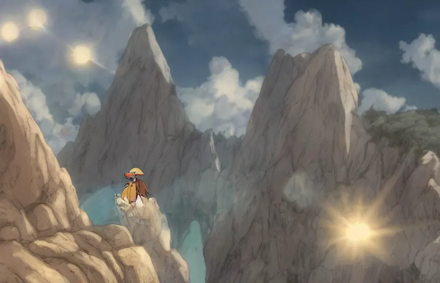 Prompt: a realistic cell - shaded cartoon of a griffon from howl's moving castle ( 2 0 0 4 ). in the background is a white pristine pyramid in the ocean. shafts of sunlight come from above. wide shot, very dull muted colors, hd, 4 k, hq