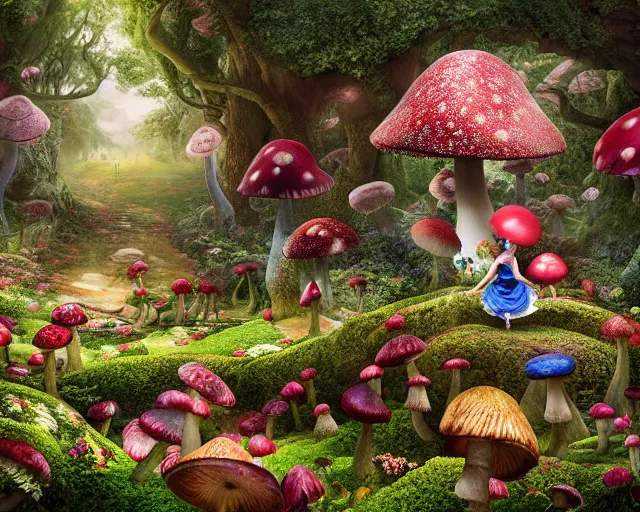 Image similar to alice in wonderland landscape hedge labyrinth, mushrooms, roses, detailed matte painting by android jones 8k resolution