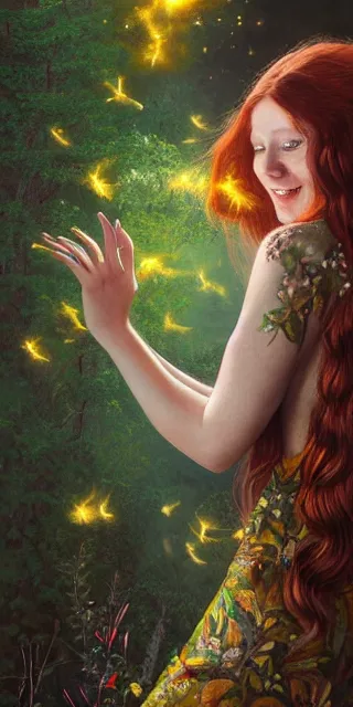 Prompt: infp young woman, smiling amazed, golden fireflies lights, full covering intricate detailed dress, amidst nature, long red hair, precise linework, accurate green eyes, small nose with freckles, beautiful oval shape face, realistic, expressive emotions, dramatic lights, hyper realistic ultrafine art by artemisia gentileschi, jessica rossier, boris vallejo