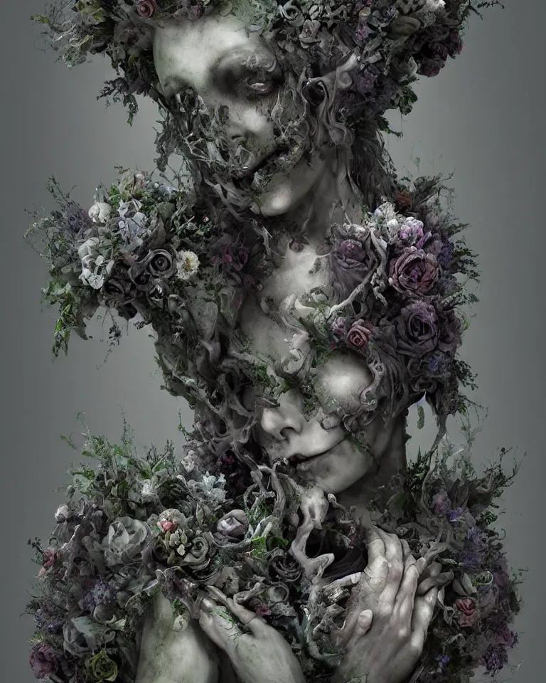 Prompt: portrait of a gothic cemetery statue made of mist and flowers breaking apart and mutating into mist, cosmic horror, Andrew Ferez, Charlie Bowater, Marco Mazzoni, Seb McKinnon, Ryohei Hase, Alberto Seveso, Kim Keever, trending on cgsociety, featured on zbrush central, new sculpture, mystical