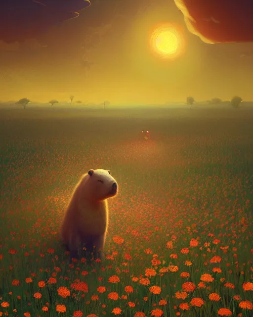 Image similar to white capybara looking at the sun in a flower field, surreal photography, sunrise dramatic light, impressionist painting, colorful clouds, digital painting, artstation, kilian eng, john harris, bastien lecouffe - deharme, simon stalenhag, flower face