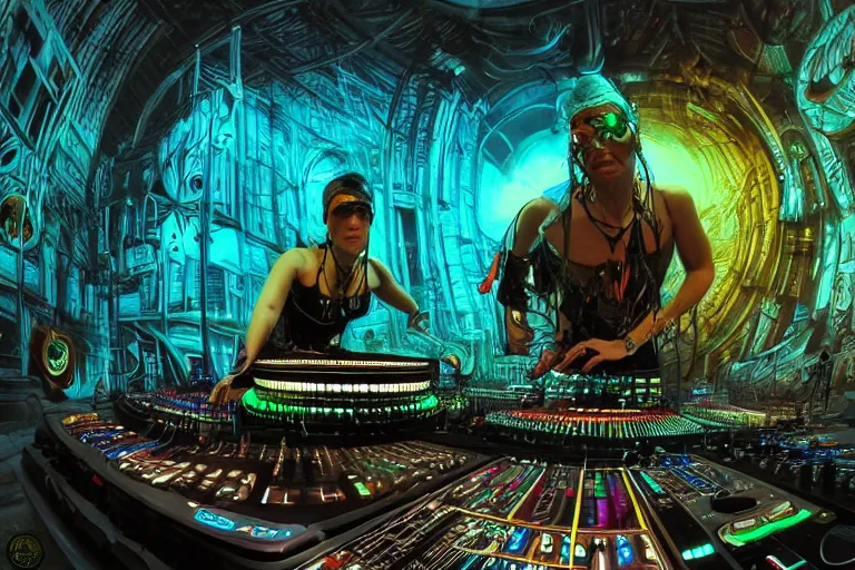 Image similar to a fisheye lens photo of a post apocalyptic tribal neon cyborg dj tweaking and playing synthesizers in the most complicated and technical spiral fractal musical studio, powerful, cinematic, beautifully lit, by donato giancola, by artgerm, by karol bak, 3 d, perfect face and body, trending on artstation, octane render, 8 k