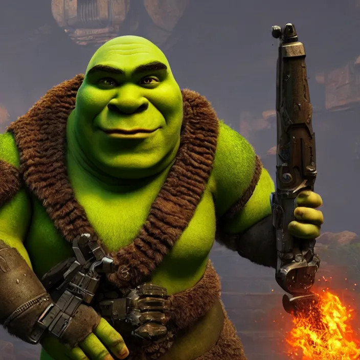 Image similar to Shrek as a Doom Slayer, unreal engine 5, octane render, HDR, focus, brutal, high detail, Doom Eternal