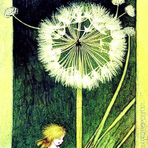 Image similar to a beautiful fairytale painting of a dandelion seed that is also a fairy. the dandelion seed is the body of the fairy. beautiful clear painting by arthur rackham