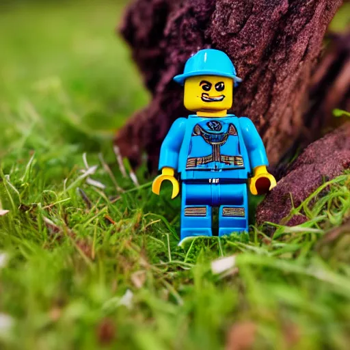 Prompt: macro photography of a minifigure walking in the grass, 3 5 mm