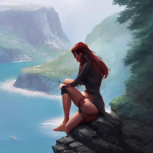 Image similar to a beautiful woman laying on the edge of a cliff above a fjord, in the style of greg rutkowski, artgerm, artstation, forest in background, highly detailed, digital art, gorgeous