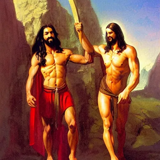 Image similar to jesus christ, a powerful long haired man in a robe. he's standing above a wounded roman soldier, mocking him. oil painting in the style of frank frazetta, boris vallejo, ilya repin. warm colors. detailed and realistic. concept art