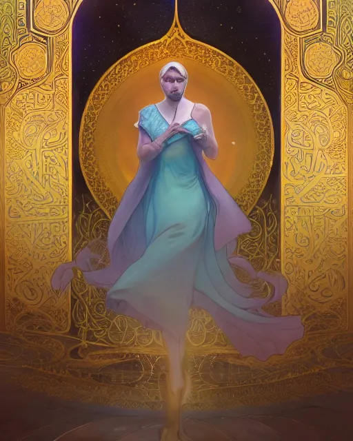 Prompt: chis pratt in front of an big open quran highly detailed, gold filigree, romantic storybook fantasy, soft cinematic lighting, award, disney concept art watercolor illustration by mandy jurgens and alphonse mucha and alena aenami, pastel color palette, featured on artstation