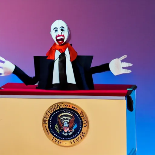 Image similar to string marionette of a president with clown makeup in a podium and a human shadow behind