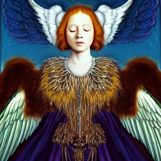 Image similar to highdetailed hyperrealistic painting of white angel in the hood!!!!, giant ball of miracle light from the chest!!!!!, 4 k hd fur face!!!, big wings, by jan van eyck, holography space, white sparkles everywhere, thin strokes, high textures, silver background