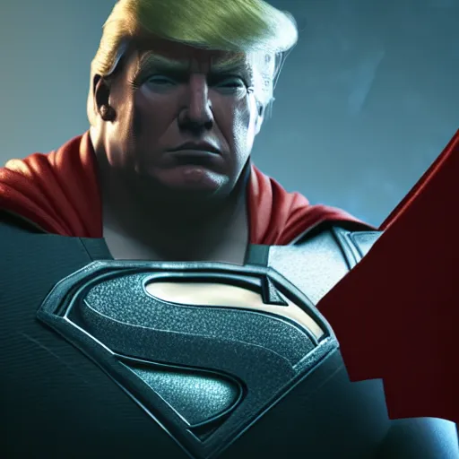 Image similar to Portrait of Donald Trump as superman in Gears of War, splash art, movie still, cinematic lighting, dramatic, octane render, long lens, shallow depth of field, bokeh, anamorphic lens flare, 8k, hyper detailed, 35mm film grain